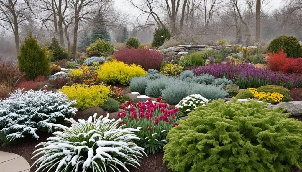 Cold-resistant plants in winter garden