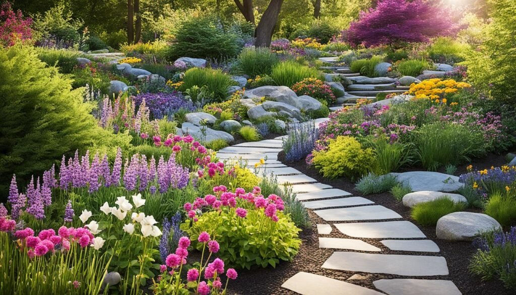 Spring-blooming perennials in a garden