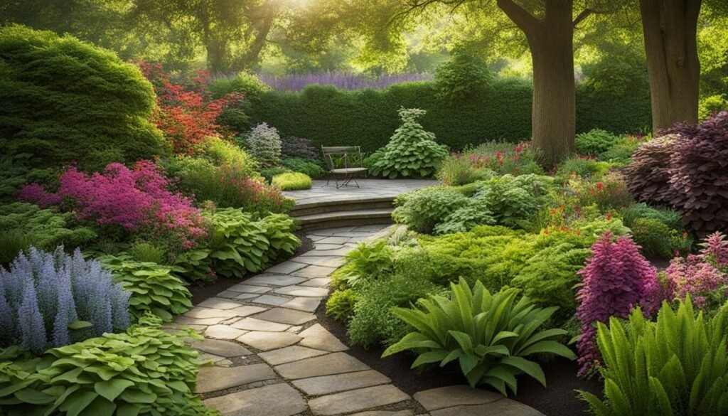 Shade-loving perennials in a garden