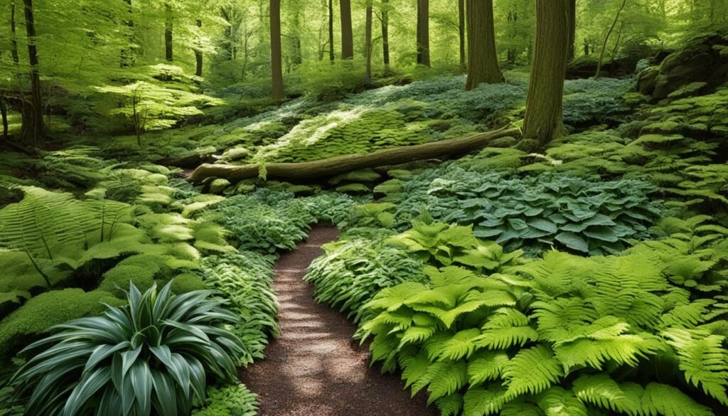 Shade-tolerant ground covers in a woodland garden