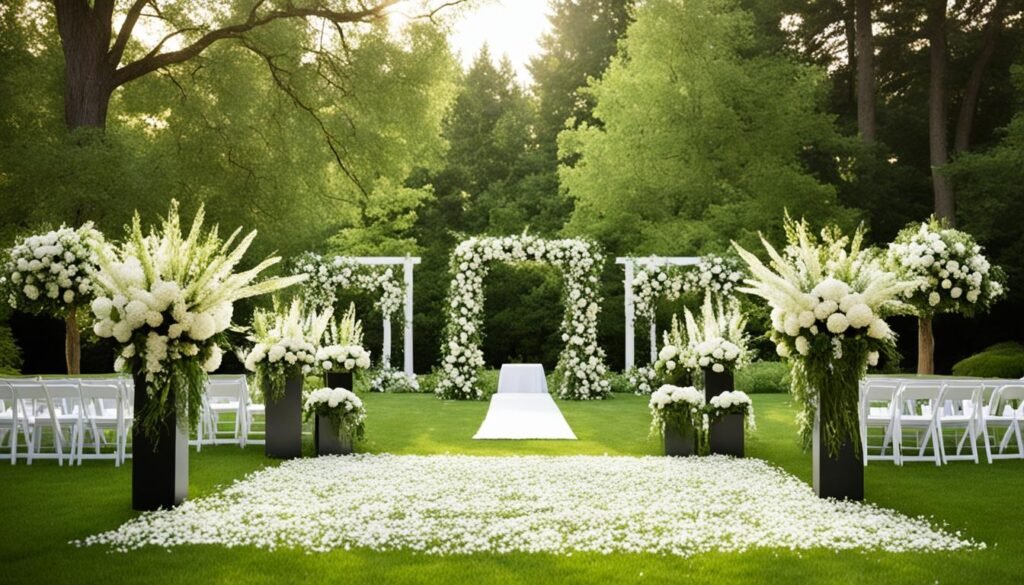 Wedding flowers in a backyard setting